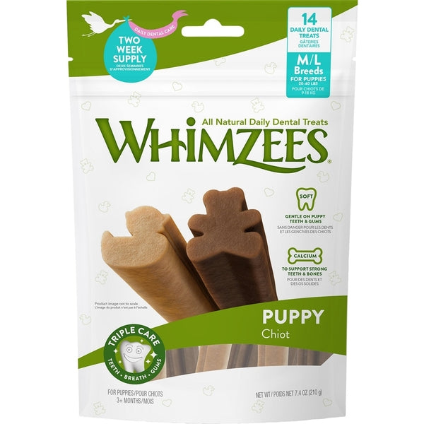 Whimzees puppy chews in a WHIMZ D PUP M/L 7.4OZ package.