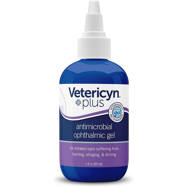 A bottle of Vetericyn Antimicrobial Ophthalmic Gel 3 fl. oz on a white background.