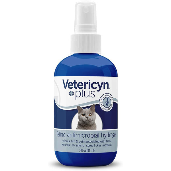 A bottle of Vetericyn Plus Feline Antimicrobial Hydrogel 3 fl. oz for cats.