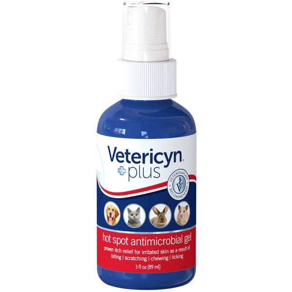 A bottle of Vetericyn Hot Spot Antimicrobial Gel 3 fl. oz for dogs.