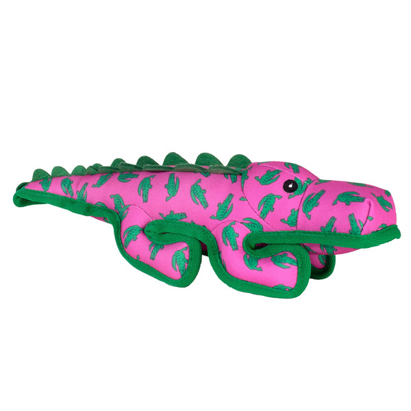 A pink and green WORTHY D AL THE GATOR SM stuffed animal.