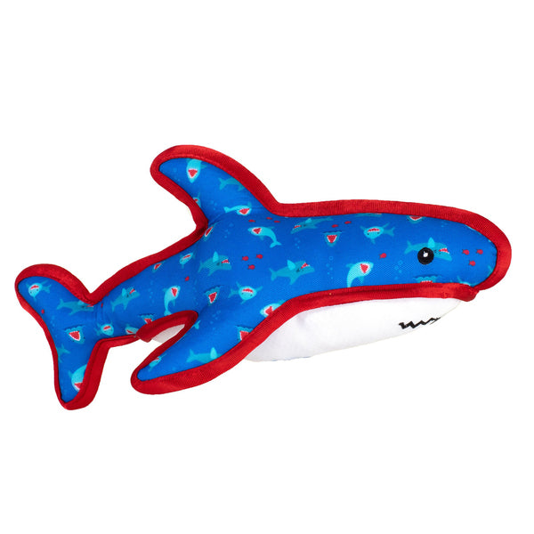 A blue and red WORTHY D CHOMP SHARK LG shaped plush toy.