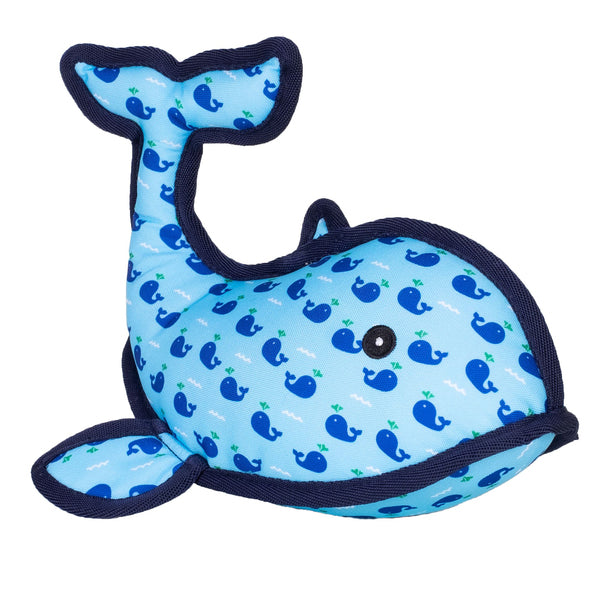 A WORTHY D SQUIRT WHALE SM shaped plush toy.