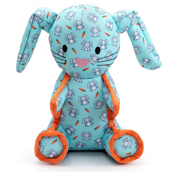 A blue and orange WORTHY D BUNNY SM stuffed animal.