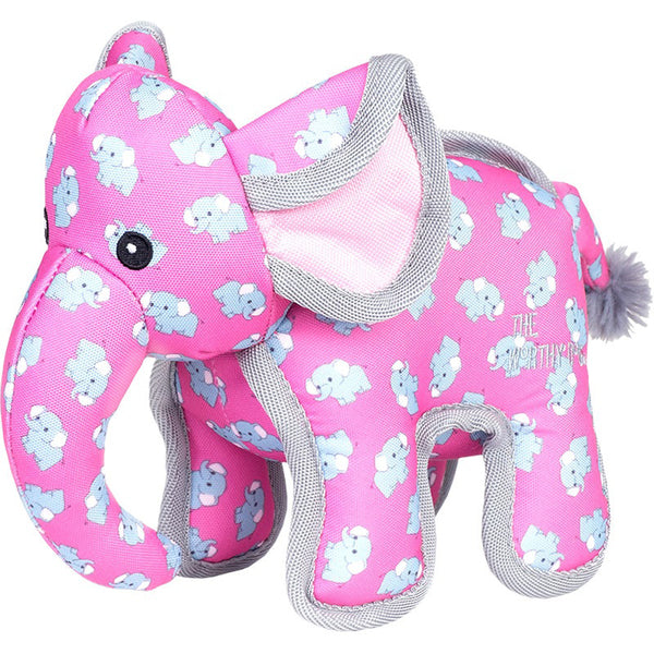 A WORTHY D PNKY ELEPHNT LG stuffed animal with grey and blue prints.