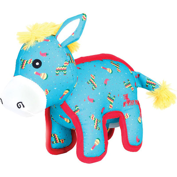 A blue WORTHY D PINATA DONKEY SM with red and yellow stripes.