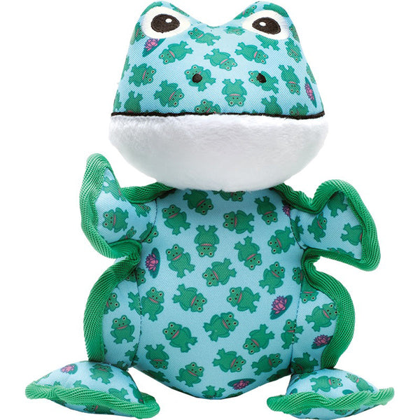 A WORTHY D FROG SM stuffed animal with green leaves.