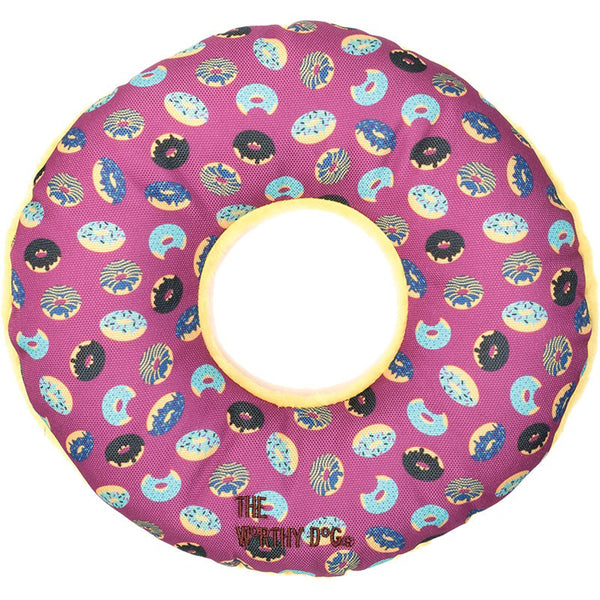 A pink and blue WORTHY D DONUT SM shaped pool float.