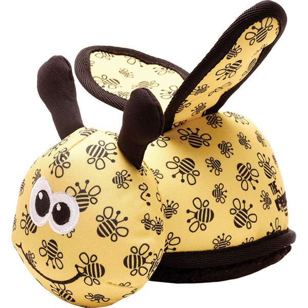 A WORTHY D BUSY BEE SM toy with black and yellow designs.