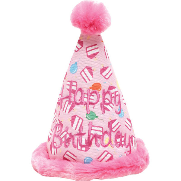 A WORTHY D BDAY HAT PNK with pom poms.