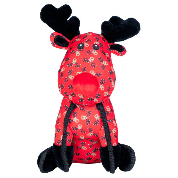 The Worthy Dog Rudy Small, a high-quality red reindeer stuffed animal made from durable materials, is sitting on a white background.