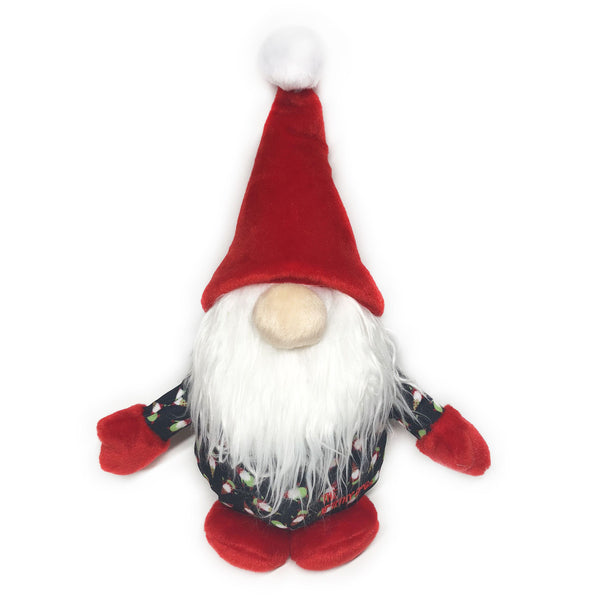 A durable stuffed Worthy Dog Gnomes Black Large with a beard and hat, perfect for rough play.