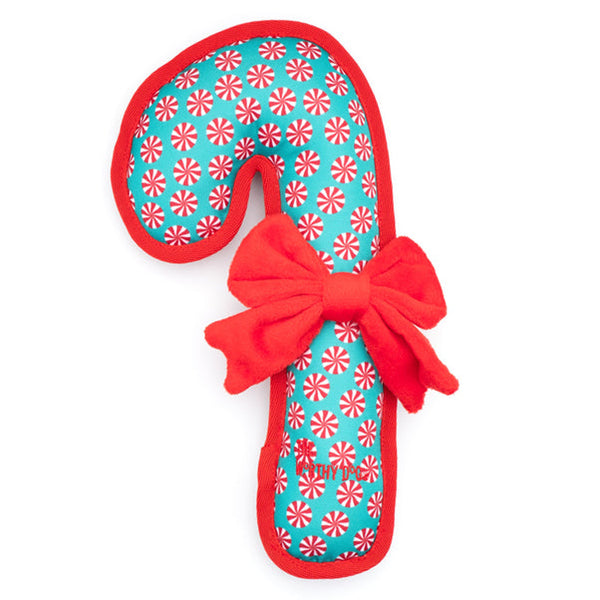The Worthy Dog Candy Cane Green Small dog toy is perfect for determined chewers and rough play. It's made with durable materials and even has a bow on it for added fun!