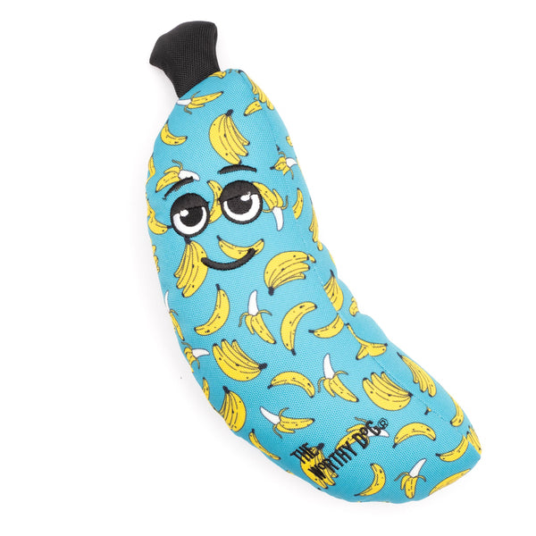 A durable The Worthy Dog Go Bananas Teal Small shaped plush toy for rough play on a white background.