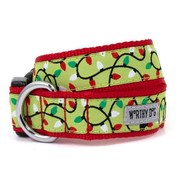 Christmas lights dog collar with double-sided touch fastener strip, The Worthy Dog Lucky Dg Green Small.