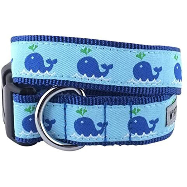 A The Worthy Dog Narwhal Blue Small dog collar with instant style and whales on it.