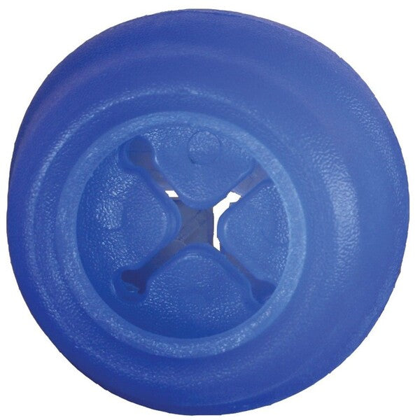 A Starmark Everlasting Treat Ball Dog Toy Blue, 1ea/MD plastic wheel with a hole in it.