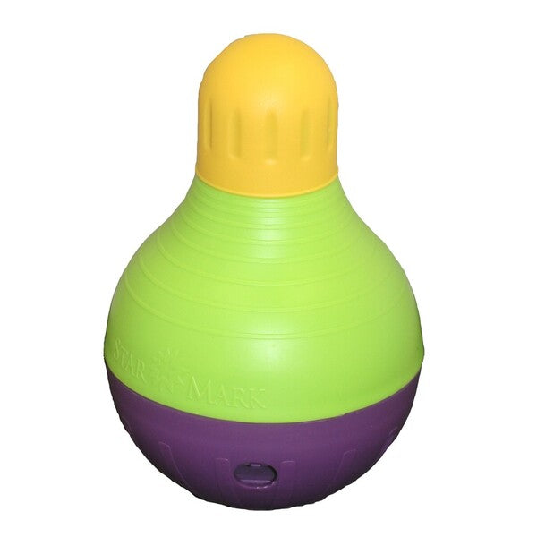 A Starmark BobALot Treat Dispensing Dog Toy Purple/Green/Yellow with a yellow top.