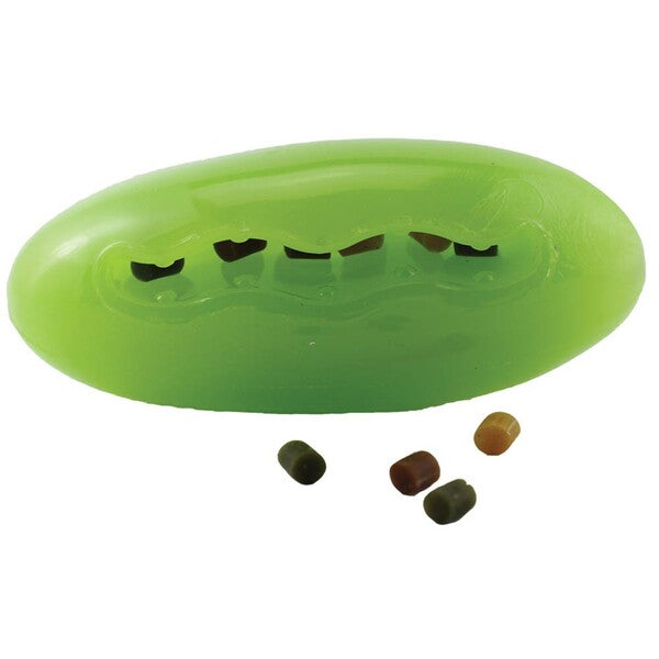 A Starmark Pickle Pocket Treat Ball Toy Green, 1ea/One Size with seeds in it.