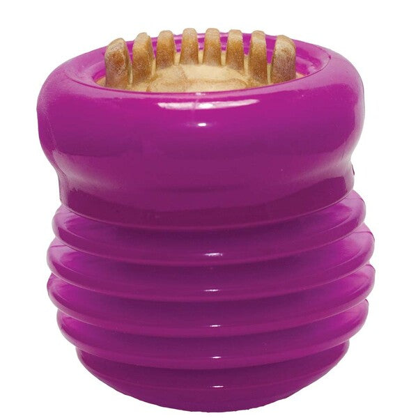 A Starmark Groovy Ball with USA Made Treat Purple, 1ea/LG with a wooden handle.