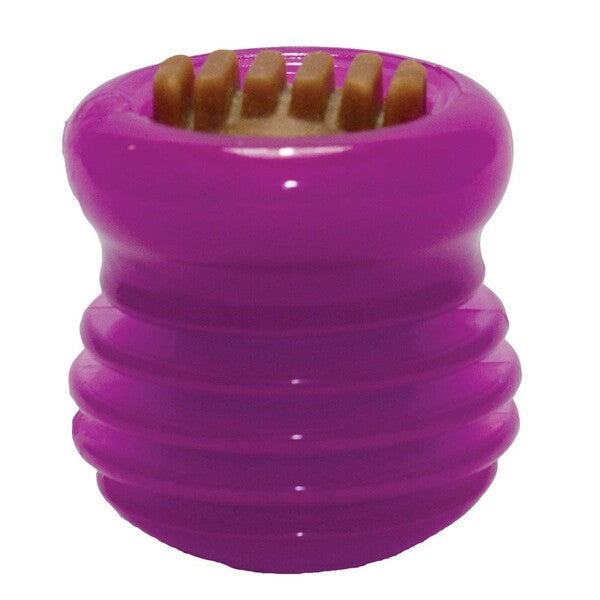 A Starmark Groovy Ball with USA Made Treat Purple, 1ea/SM with a wooden handle.