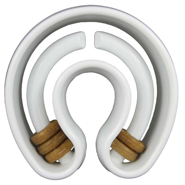 A Starmark Treat Ringer Dog Toy Horseshoe White with a wooden ring attached to it.