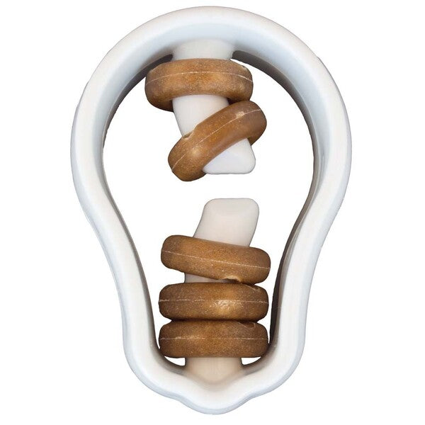 A Starmark Treat Ringer Dog Toy Lightbulb White, 1ea/One Size with two wooden rings inside of it.