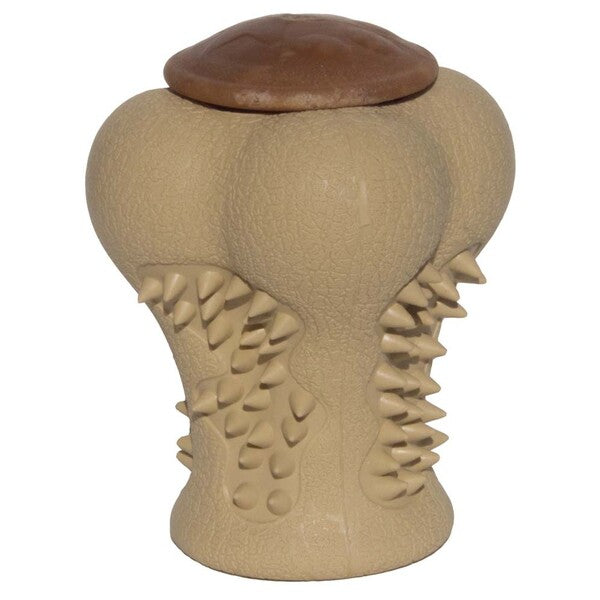 A Starmark RubberTuff Dog Treat Bone Tan, 1ea/LG jar with spikes on top.