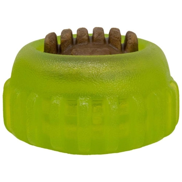 A Starmark Sprocket with Ridged Dog Treat Green, 1ea/SM plastic dog toy with a tooth in it.