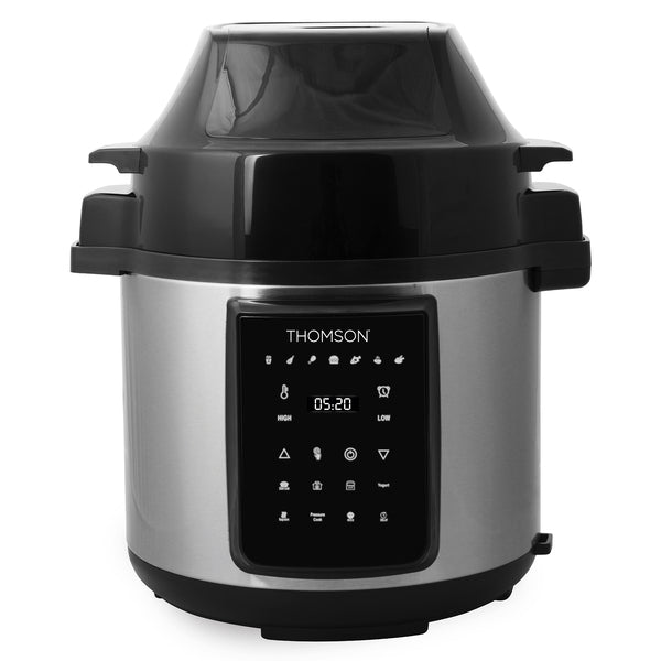 A black and silver THOMSON TFPC607 6.3-Qt. Digital Multi-Use Pressure Cooker and Air Fryer with Cooking Accessories on a white background.