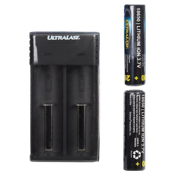 An Ultralast UL1865K-26 Lithium Ion Charger/Batteries Combo Kit with two UL1865K-26 Lithium Ion batteries and a charger.
