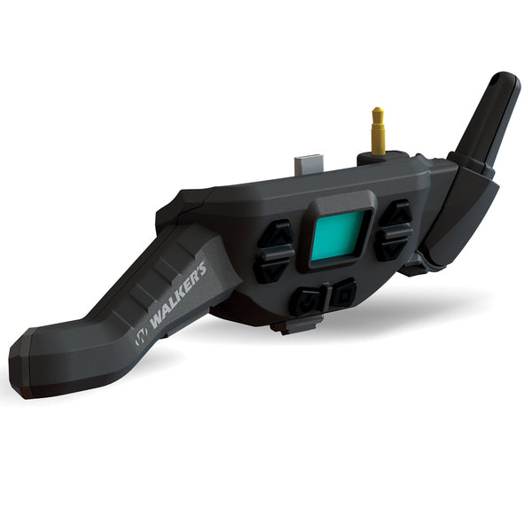 A Walker's Game Ear GWP-DFMWT FireMax Muff Walkie Talkie with a green light on it, featuring adjustable antenna positions.