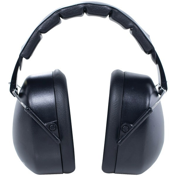 A pair of black Walker's Game Ear GWP-EXFM3 EXT Folding Range Muff ear defenders on a white background.