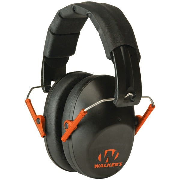 A pair of Walker's Game Ear GWP-FPM1-BKO PRO Low-Profile Folding Muff (Black/Orange) with orange handles, offering low-profile protection.
