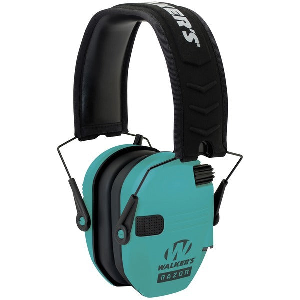 A pair of turquoise and black ear muffs, featuring the Walker's Game Ear GWP-RSEM-LTL Razor Electronic Muff (Light Teal) technology.