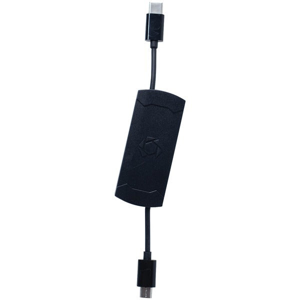 A black Stealth Cam STC-SDCRAND Micro USB OTG Memory Card Reader connected to a white background, compatible with Android devices.
