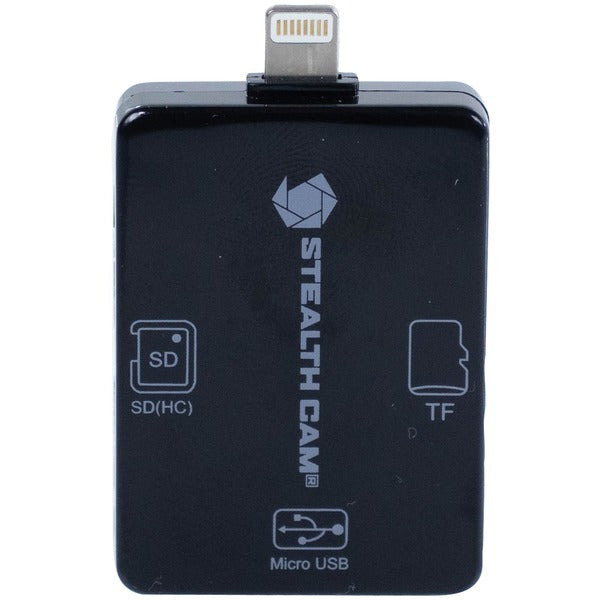A black Stealth Cam STC-SDCRIOS iOS Card Reader with a flash drive attached, also functioning as an iOS Card Reader.