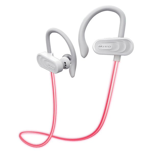A pair of Tokk TMX09W Glow In-Ear Bluetooth Earbuds with Microphone (White) with a pink light and a microphone.