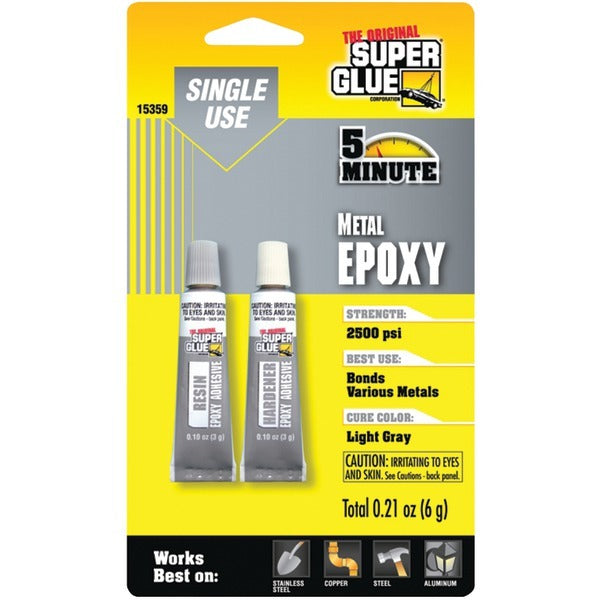 Two The Original SuperGlue 15359 Single-Use Epoxy Tubes for Metal in a package.