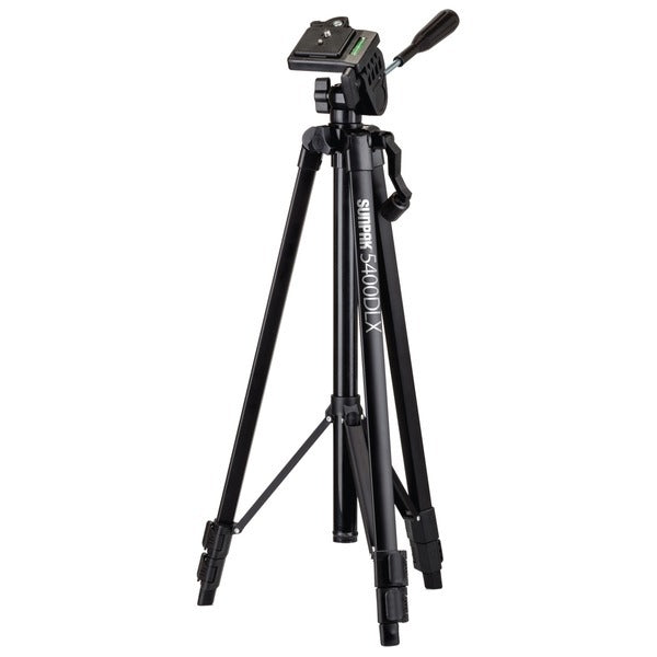 A black Sunpak 620-504DLX Traveler1 50-Inch tripod for compact camera, smartphones, and GoPro on a white background.