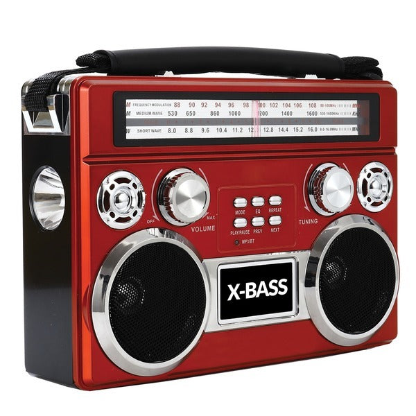A portable Supersonic SC-1097BT-Red 3-Band Radio with Bluetooth and Flashlight (Red) boombox.