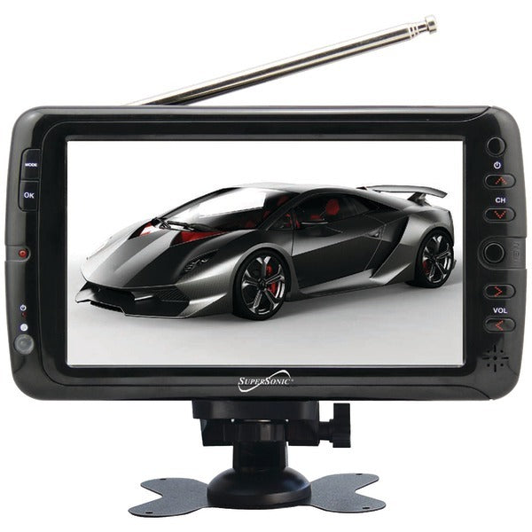 An Supersonic SC-195 7" TFT Portable Digital LCD TV, AC/DC Compatible with RV/Boat monitor featuring a car, perfect for RV or boat enthusiasts.
