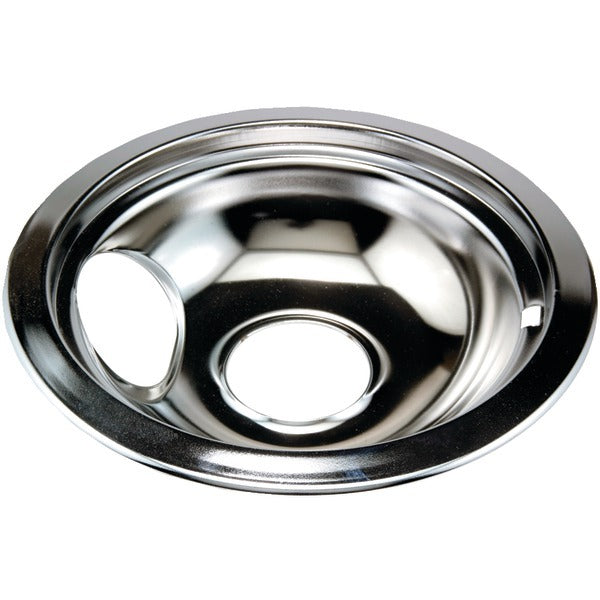 A Stanco Metal Products 751-6 Chrome Replacement Drip Pan for Whirlpool (6") with a hole in the middle.