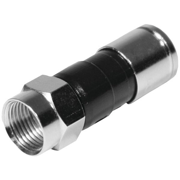 A black and silver Steren PPC-EX6XL F-Compression RG6 Quad Connector on a white background.