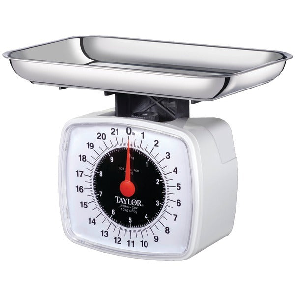 The Taylor Precision Products 3880 Kitchen & Food Scale, 22 lbs can accurately measure up to 22 lbs. It features a convenient tray on top for easy food weighing.