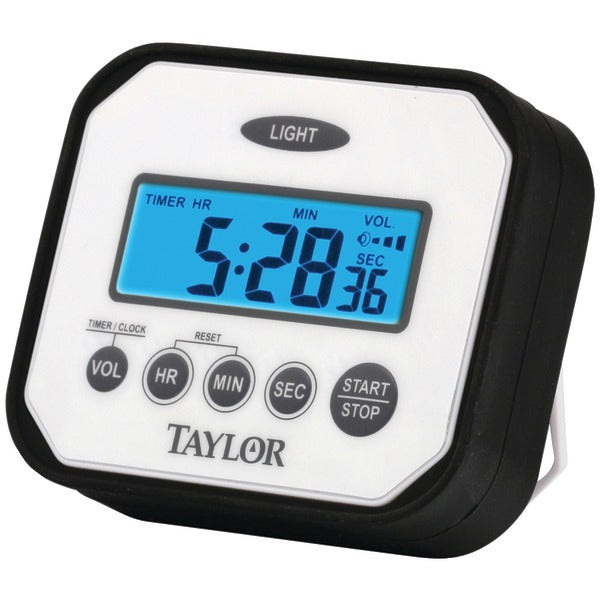 A water-resistant Taylor Precision Products 5863 Splash 'N' Drop Timer alarm clock, displayed on a white background.