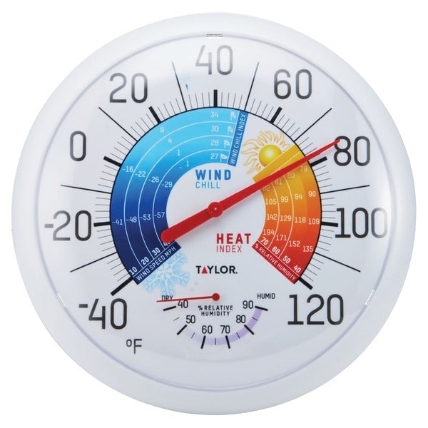 A Taylor Precision Products 6751 13.25-Inch Wind Chill/Heat Index Thermometer and Hygrometer on a white background.