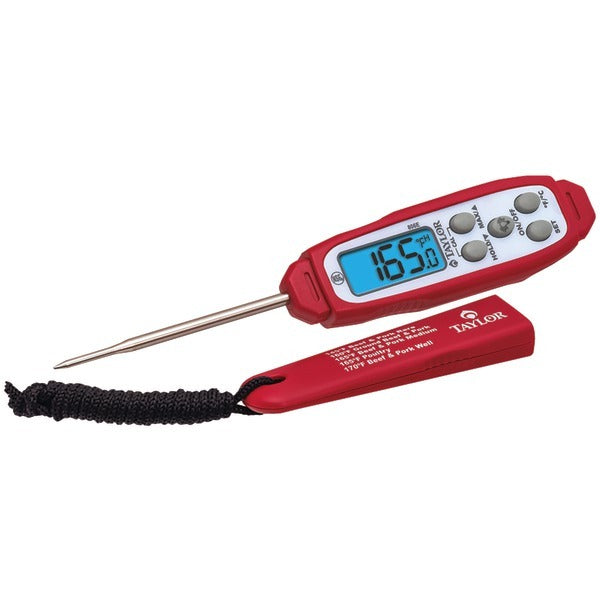 A red Taylor Precision Products 806GW Waterproof Digital Thermometer with a cord attached to it.