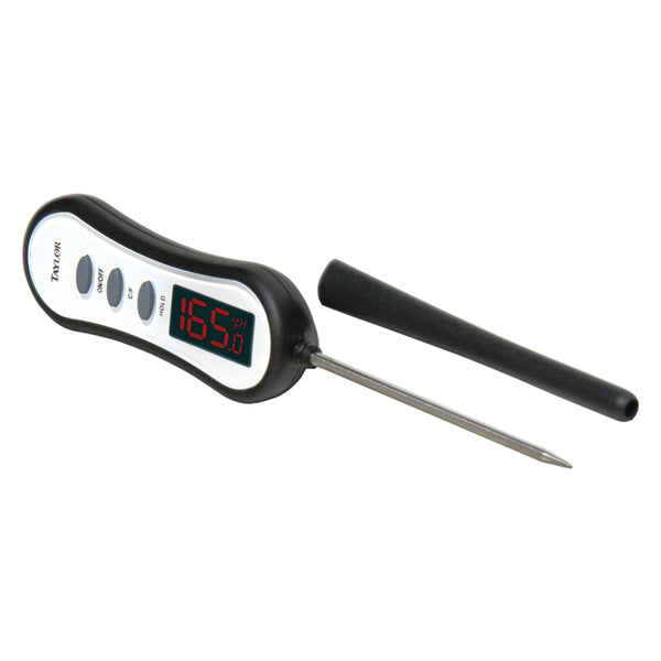 A Taylor Precision Products 9835 Digital Thermometer with LED Readout with a thermometer attached to it.