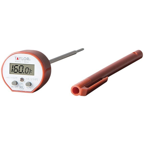 A Taylor Precision Products 9842 Waterproof Digital Instant Read Thermometer and a pen next to each other.